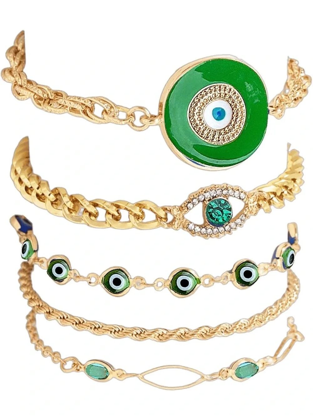Anthropologie Gold-Tone Bracelet Stack with Green Enamel Evil Eye Accents
